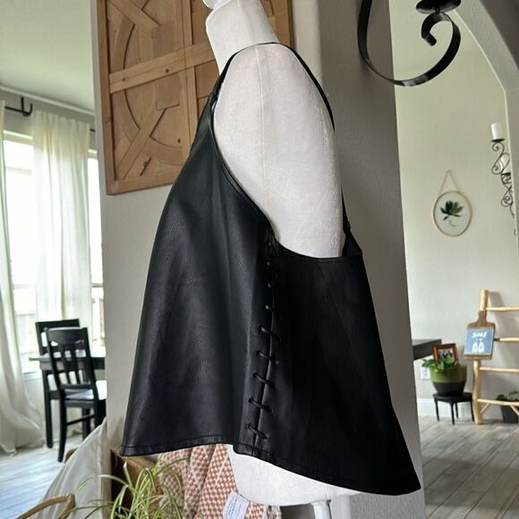 NWOT Free People Sleeveless Tank Flared Vegan Leather S Western Retro Black Chic - Picture 6 of 13
